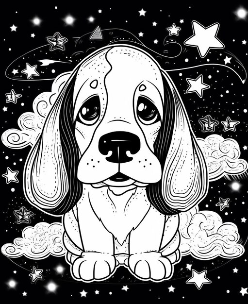 un disegno in bianco e nero di un cane con una nuvola e stelle ai generative