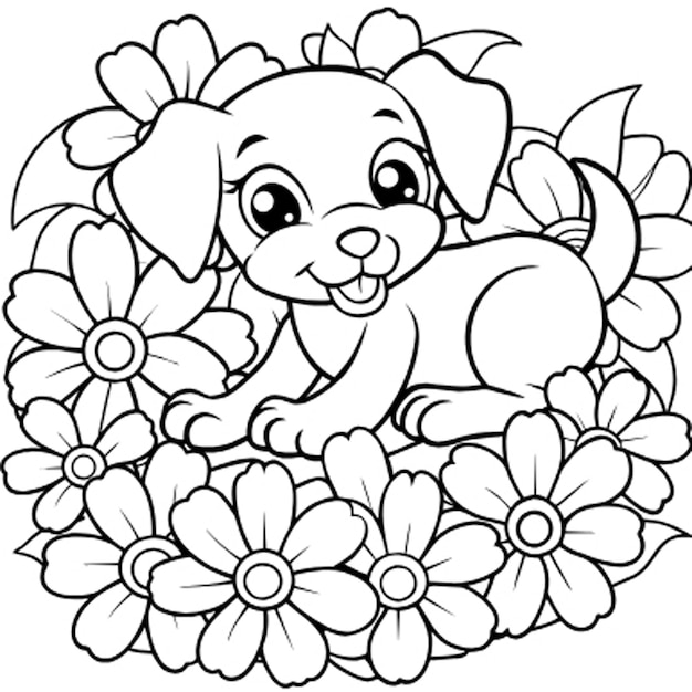 un disegno in bianco e nero di un cane e di piante