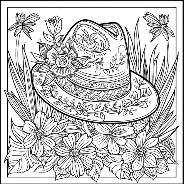 un disegno in bianco e nero di un cappello con fiori e un nastro