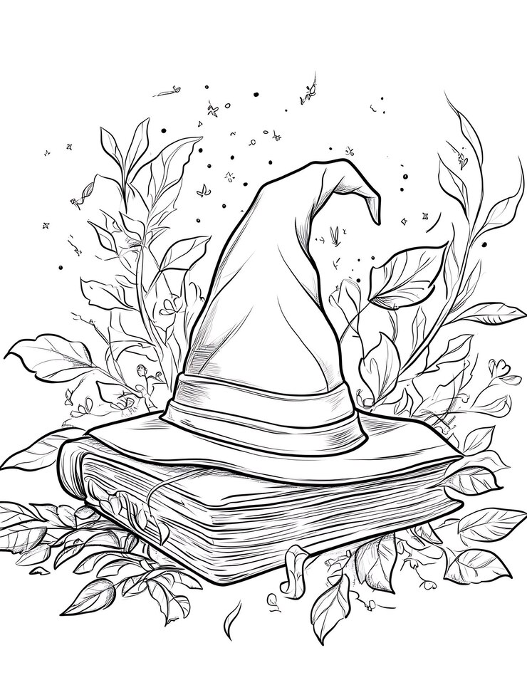 Foto un disegno in bianco e nero di un cappello da mago su un libro