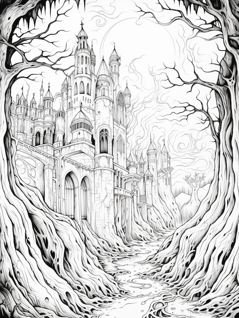 un disegno in bianco e nero di un castello circondato da alberi generativi ai