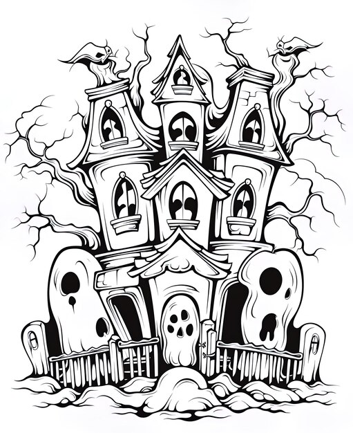 un disegno in bianco e nero di un castello con una casa su di esso