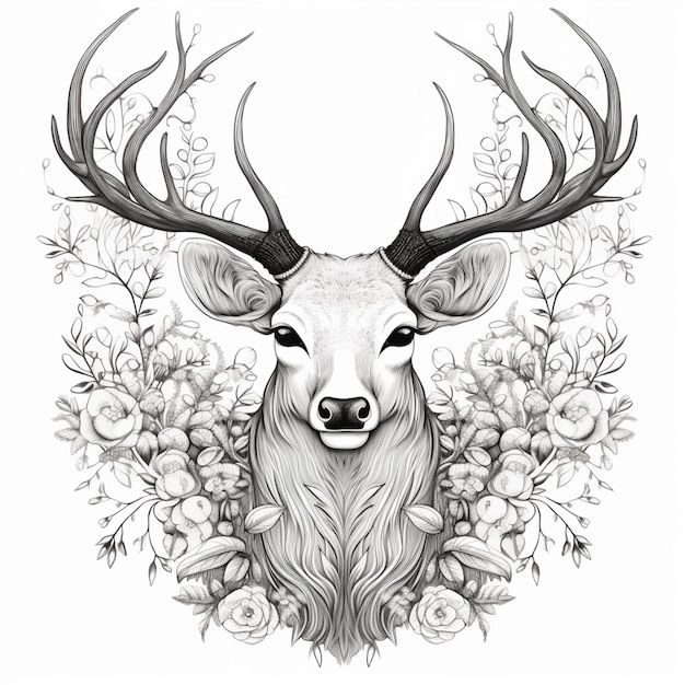 un disegno in bianco e nero di un cervo con corna e fiori