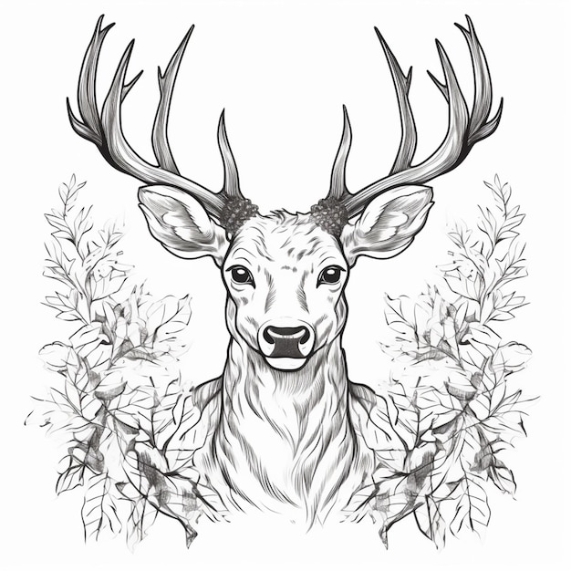 un disegno in bianco e nero di un cervo con corna generativa ai