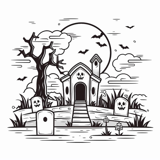 un disegno in bianco e nero di un cimitero con un cimitero e un'ai generativa del cimitero