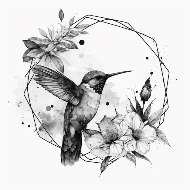 un disegno in bianco e nero di un colibrì con fiori ai generativi