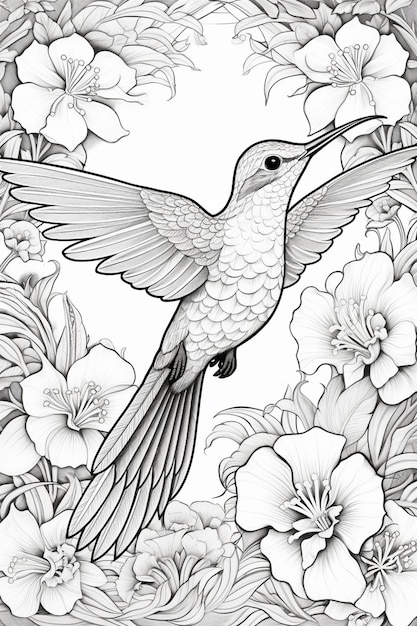 un disegno in bianco e nero di un colibrì in volo circondato da fiori generativi ai