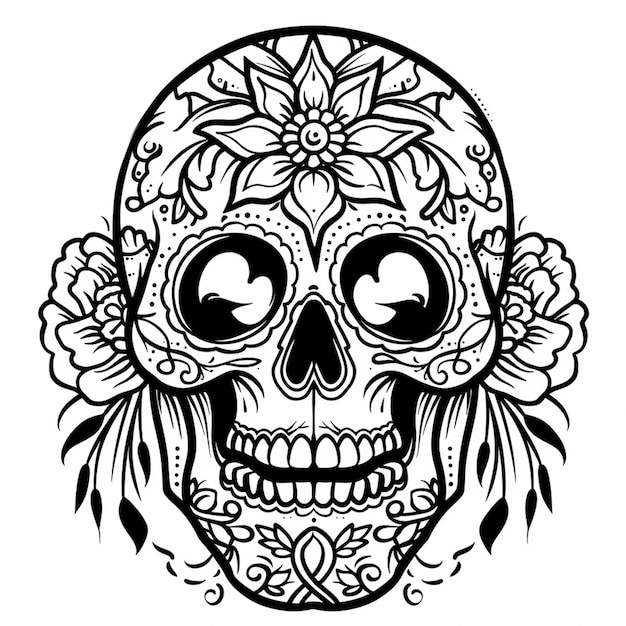 un disegno in bianco e nero di un cranio con fiori generativo ai