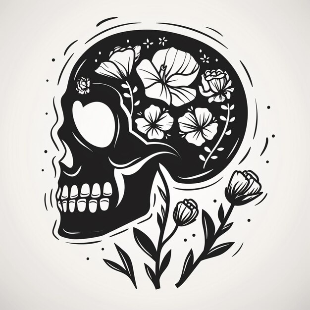 un disegno in bianco e nero di un cranio con fiori generativo ai