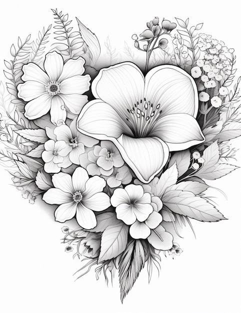 un disegno in bianco e nero di un cuore con fiori generativo ai