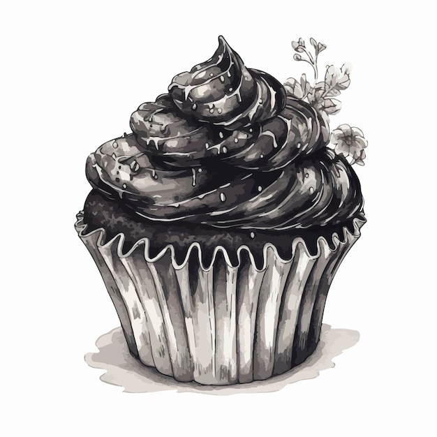 Un disegno in bianco e nero di un cupcake con glassa al cioccolato.