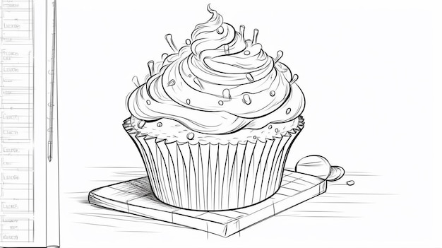 Un disegno in bianco e nero di un cupcake con glassa al formaggio cremoso.