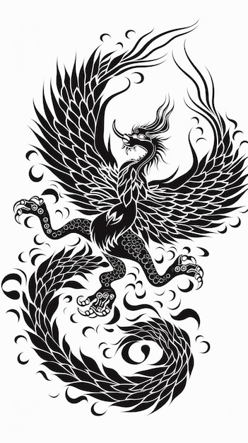 un disegno in bianco e nero di un drago con le ali generativo ai