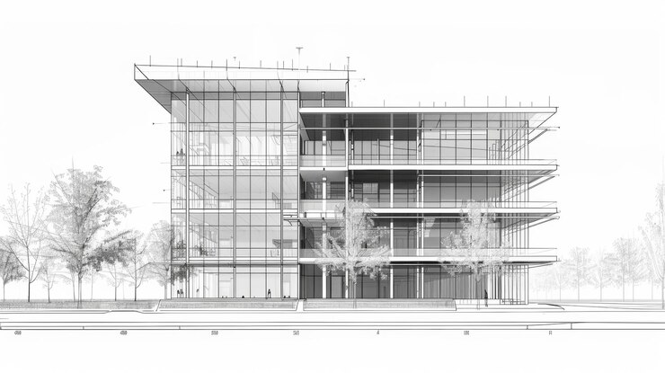 Foto un disegno in bianco e nero di un edificio con una grande facciata in vetro