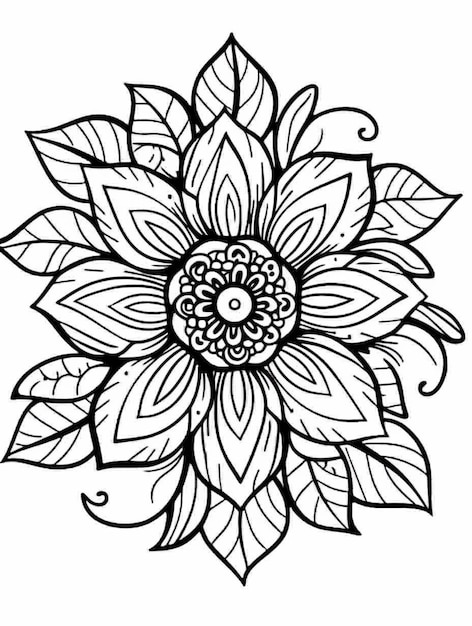 un disegno in bianco e nero di un fiore con foglie ai generative