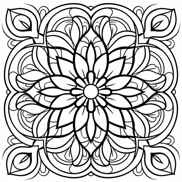 un disegno in bianco e nero di un fiore con foglie generativ ai