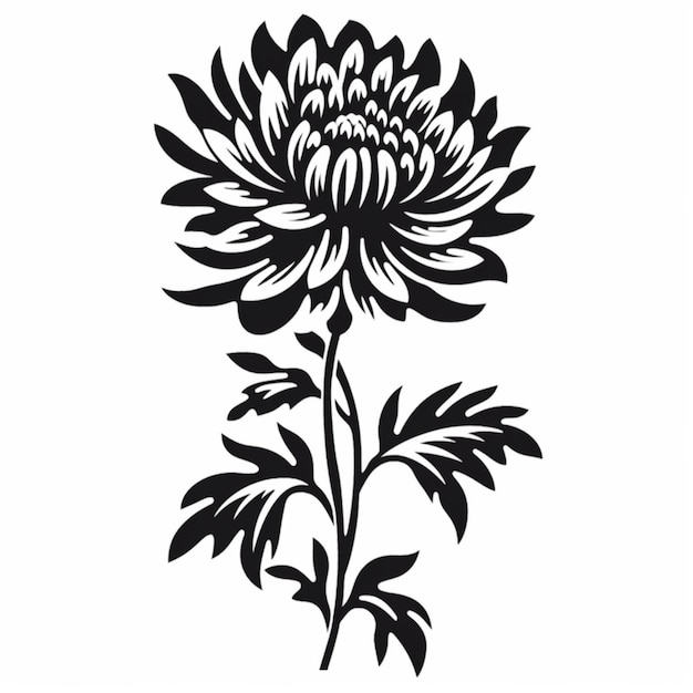 un disegno in bianco e nero di un fiore con foglie generative ai