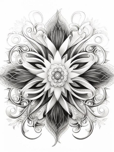 Un disegno in bianco e nero di un fiore con turbinii generativi ai