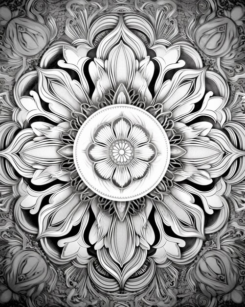 Un disegno in bianco e nero di un fiore con un disegno circolare ai generativo