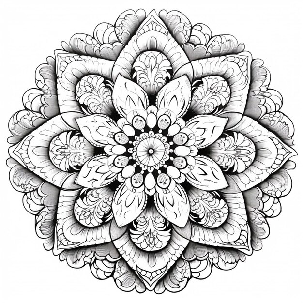 Un disegno in bianco e nero di un fiore con un grande centro ai generativo