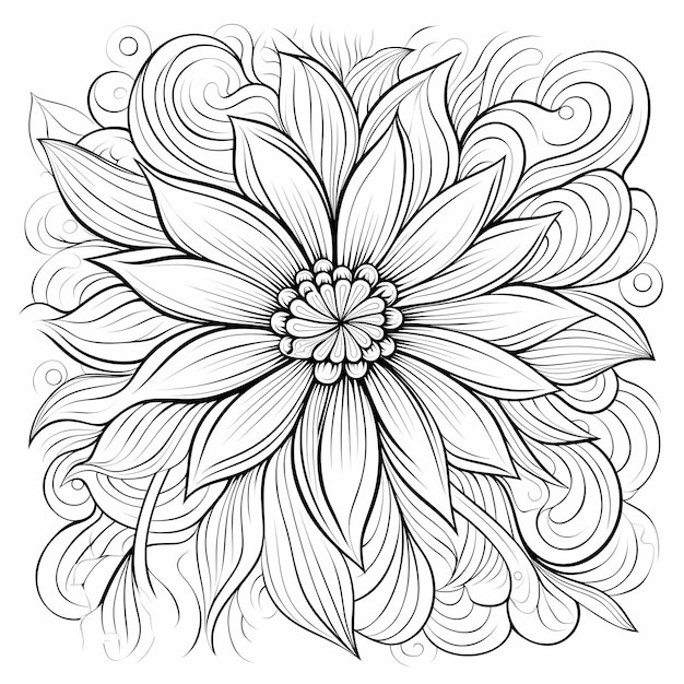 un disegno in bianco e nero di un fiore con un grande centro.