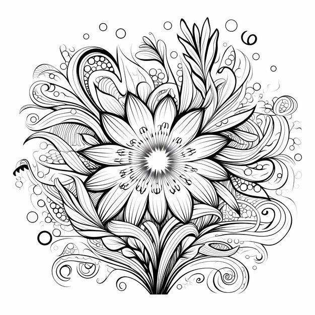un disegno in bianco e nero di un fiore con un uccello su di esso