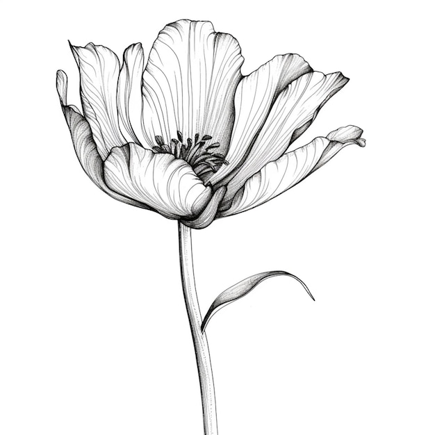 Un disegno in bianco e nero di un fiore con uno stelo e la parola tulipano su di esso.