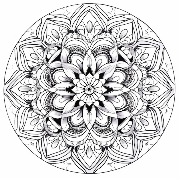 Un disegno in bianco e nero di un fiore in un disegno circolare ai generativo