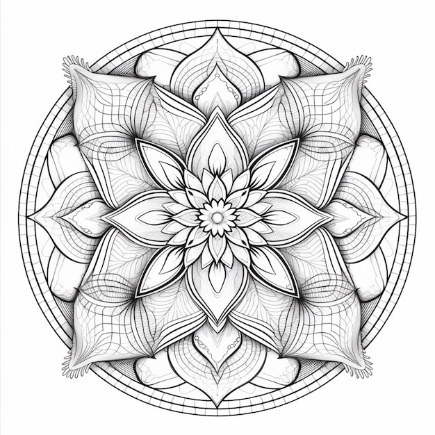 Un disegno in bianco e nero di un fiore in una cornice circolare generativa ai
