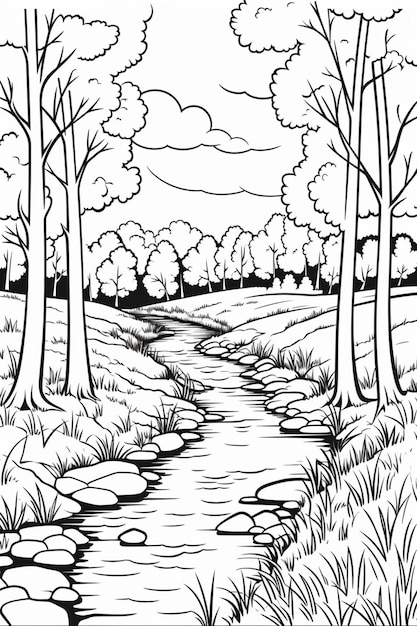 un disegno in bianco e nero di un fiume in una foresta generativa ai