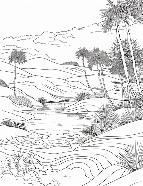 Un disegno in bianco e nero di un fiume nel deserto generativo ai