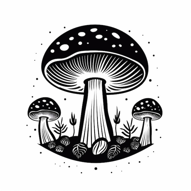 Un disegno in bianco e nero di un fungo con molti funghi ai generativi