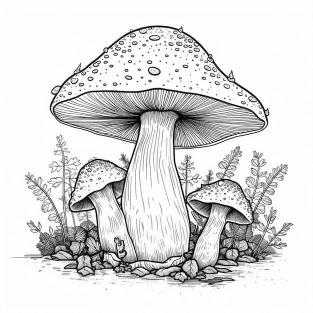 un disegno in bianco e nero di un fungo su una roccia generativa ai