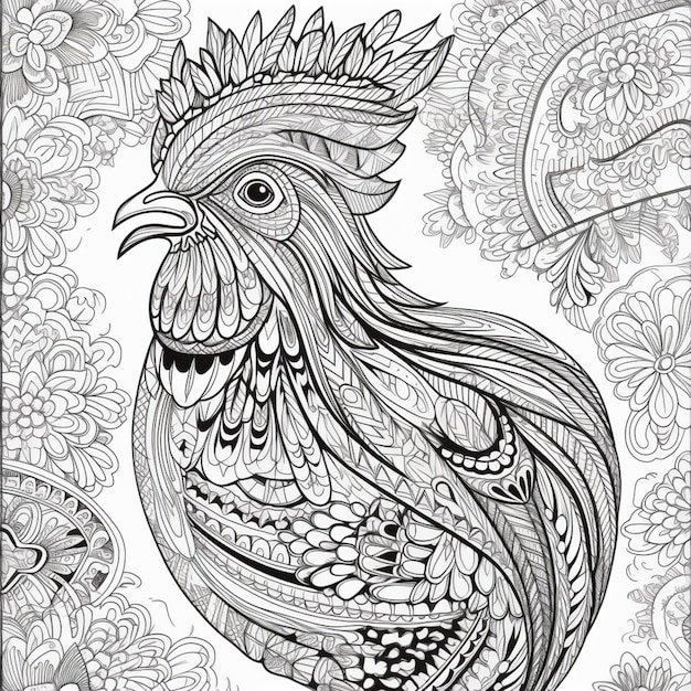Un disegno in bianco e nero di un gallo con disegni di paisley