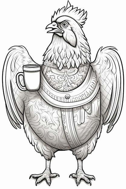 un disegno in bianco e nero di un gallo con una tazza di caffè generativo ai