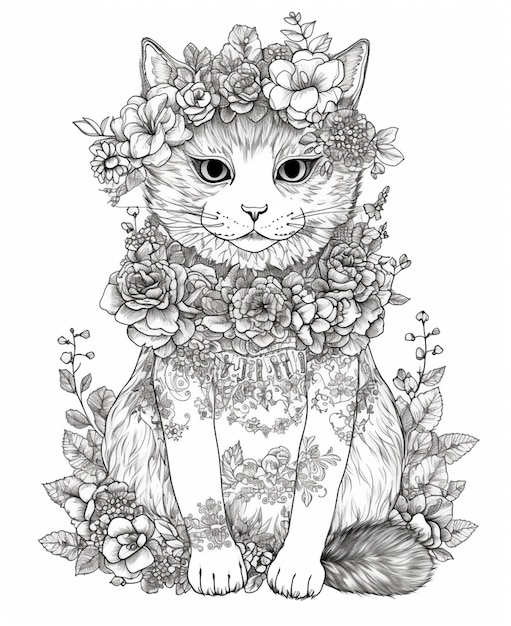Un disegno in bianco e nero di un gatto che indossa una corona di fiori.