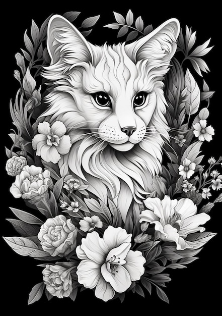 un disegno in bianco e nero di un gatto circondato da fiori ai generativi