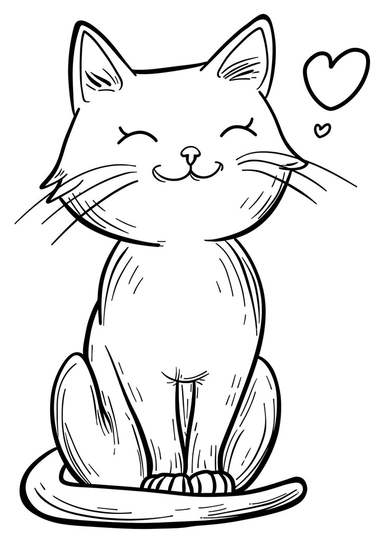 Foto un disegno in bianco e nero di un gatto con dei cuori su di esso