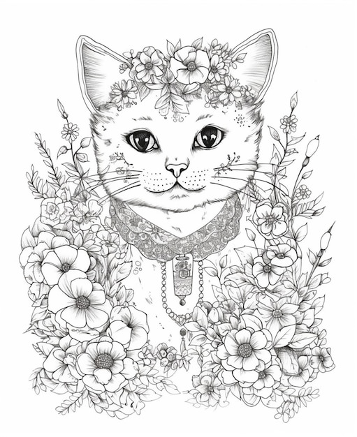 Un disegno in bianco e nero di un gatto con fiori intorno a lei.
