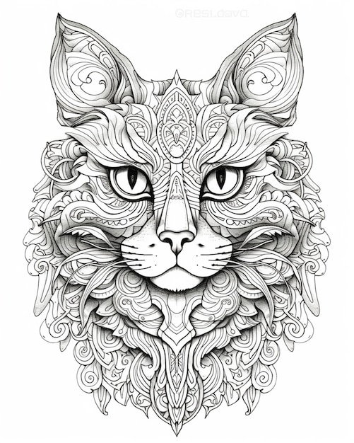 un disegno in bianco e nero di un gatto con intricati motivi generativi ai