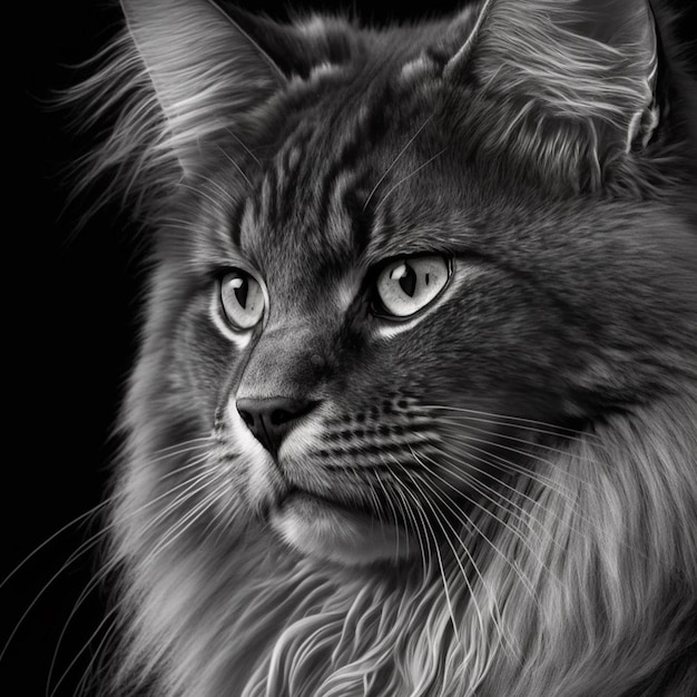 Un disegno in bianco e nero di un gatto con lunghi baffi.