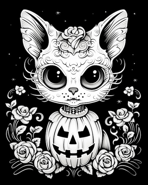 un disegno in bianco e nero di un gatto con un ai generativo di zucca