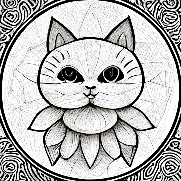 un disegno in bianco e nero di un gatto con un fiore in bocca ai generativa