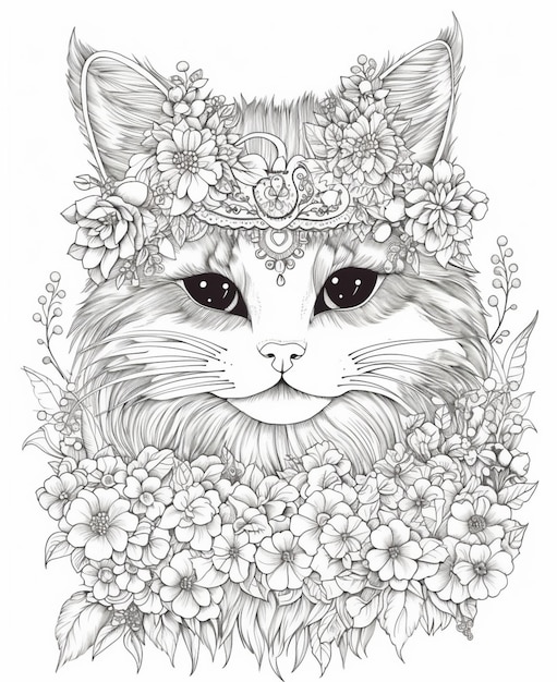 Un disegno in bianco e nero di un gatto con una corona di fiori in testa.