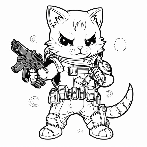 un disegno in bianco e nero di un gatto con una pistola generativa ai