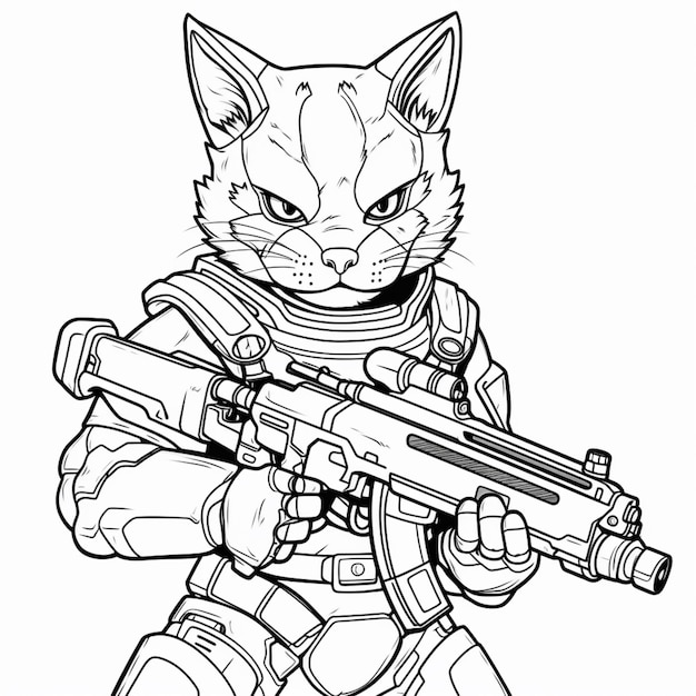 un disegno in bianco e nero di un gatto con una pistola generativa ai