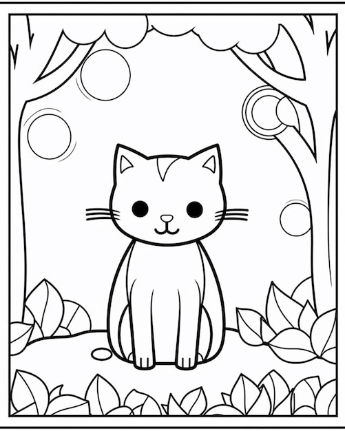 Un disegno in bianco e nero di un gatto seduto in un giardino generativo ai