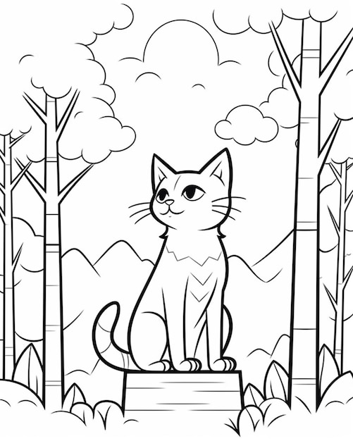 Un disegno in bianco e nero di un gatto seduto su un ceppo di albero generativo ai