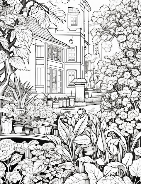 un disegno in bianco e nero di un giardino con una casa sullo sfondo generativ ai
