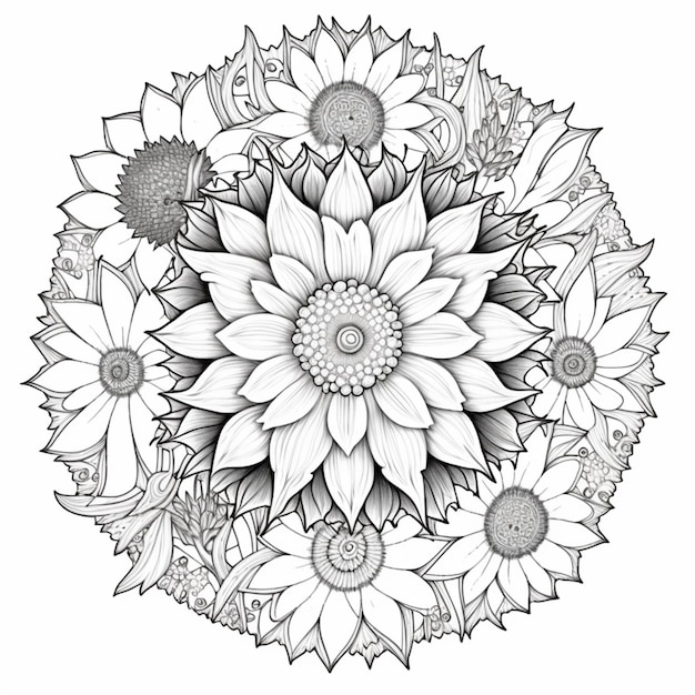 Un disegno in bianco e nero di un girasole circondato da fiori ai